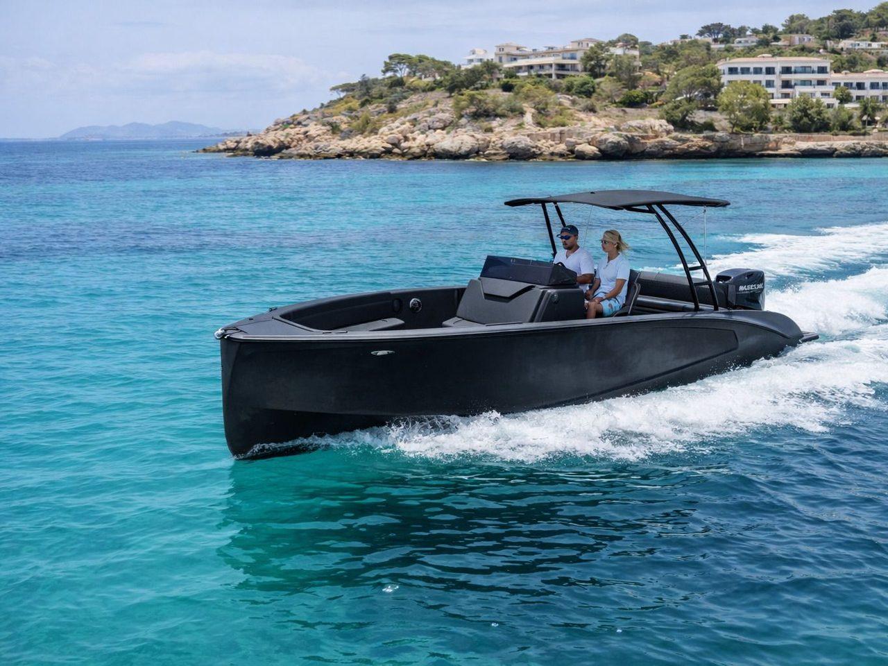 Promotor 600S negra con toldo navegando por aguas turquesas frente a la costa de Mallorca